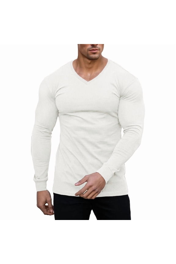 Men's Muscle T-Shirts V Neck Thermal Long Sleeve Tee Casual Ribbed Undershirts White/XL