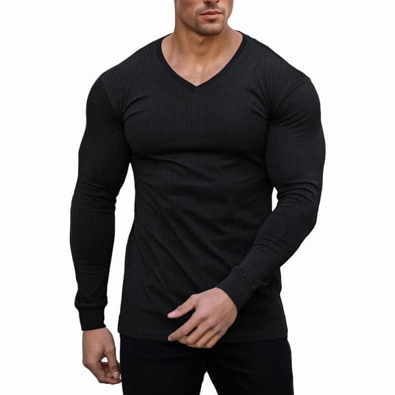 Ambiloof Men's Muscle T-Shirts V Neck Thermal Long Sleeve Tee Casual Ribbed Undershirts Black/XL