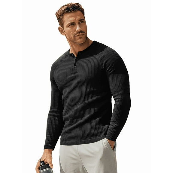 Ambiloof Men's Ribbed Henley Shirt Slim Fit Muscle Shirt Fitted Cotton Casual Long Sleeve Fashion Casual Pullover Shirt Black/XL