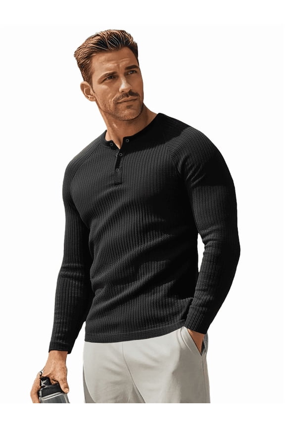 Men's Ribbed Henley Shirt Slim Fit Muscle Shirt Fitted Cotton Casual Long Sleeve Fashion Casual Pullover Shirt Black/XL