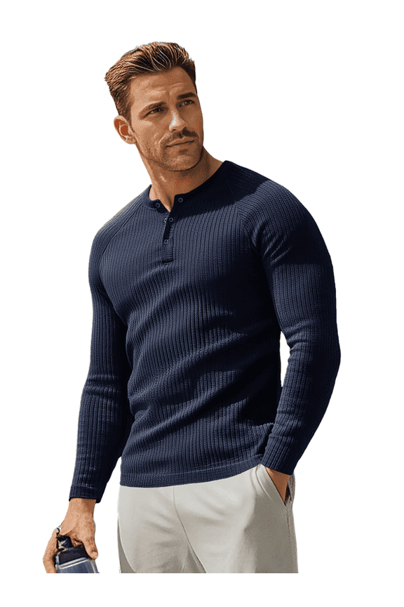 Men's Ribbed Henley Shirt Slim Fit Muscle Shirt Fitted Cotton Casual Long Sleeve Fashion Casual Pullover Shirt Blue/L