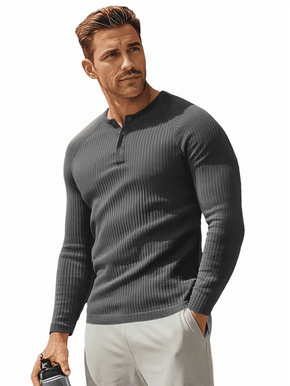 Men's Ribbed Henley Shirt Slim Fit Muscle Shirt Fitted Cotton Casual Long Sleeve Fashion Casual Pullover Shirt Dark Grey/L