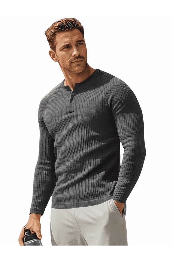 Men's Ribbed Henley Shirt Slim Fit Muscle Shirt Fitted Cotton Casual Long Sleeve Fashion Casual Pullover Shirt Dark Grey/S