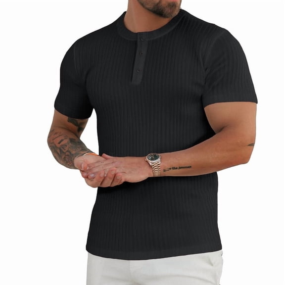 Ambiloof Men's Ribbed Slim Fit Muscle Henley Shirt Fitted Cotton Short Sleeve Casual Summer T Shirt Black/S