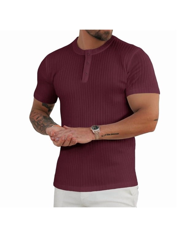 Men's Ribbed Slim Fit Muscle Henley Shirt Fitted Cotton Short Sleeve Casual Summer T Shirt Red/L
