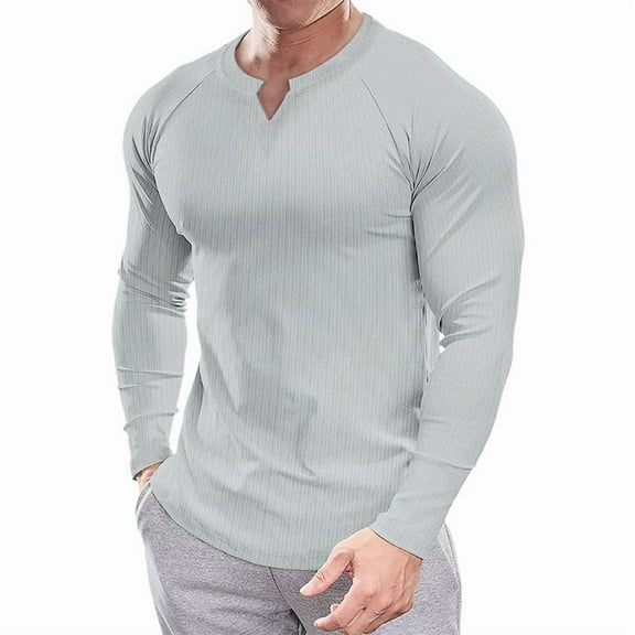 Ambiloof Men's Slim Fit Muscular V-Neck Casual T-Shirt, Long Sleeve, Stylish Business Top Basic T-Shirt Grey/S