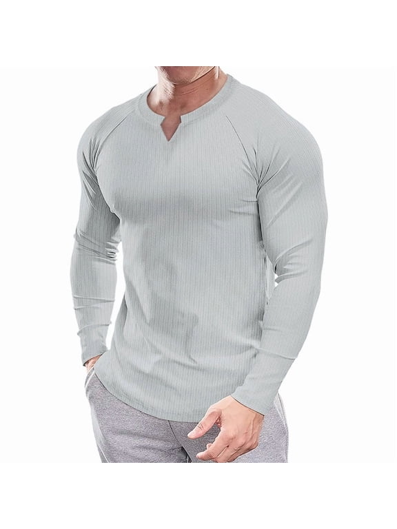 Men's Slim Fit Muscular V-Neck Casual T-Shirt, Long Sleeve, Stylish Business Top Basic T-Shirt Grey/2XL