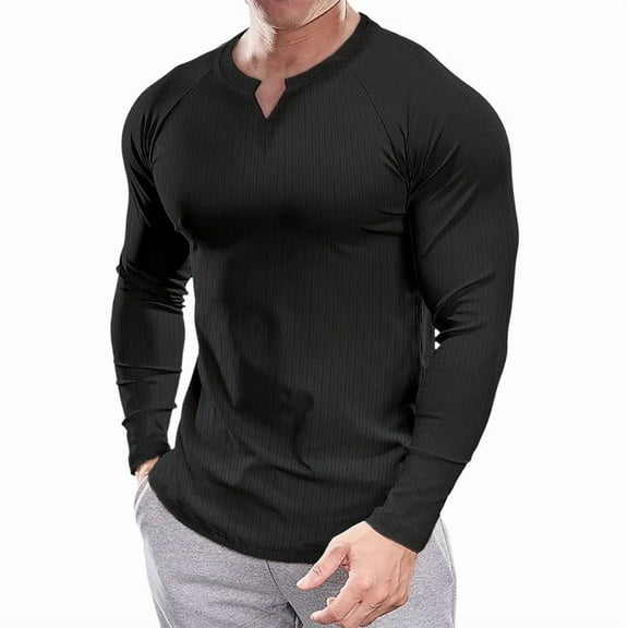 Ambiloof Men's Slim Fit Muscular V-Neck Casual T-Shirt, Long Sleeve, Stylish Business Top Basic T-Shirt Black/L