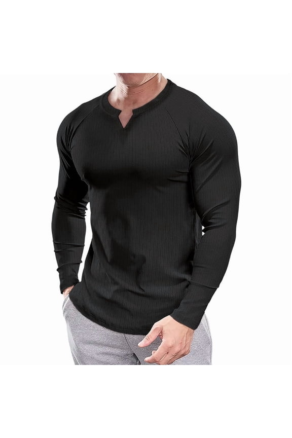Men's Slim Fit Muscular V-Neck Casual T-Shirt, Long Sleeve, Stylish Business Top Basic T-Shirt Black/2XL