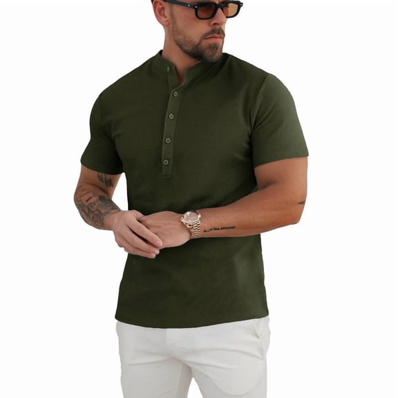 Ambiloof Men's Waffle Henley Shirts Short Sleeve T-Shirt Stylish Casual 5 Button Placket Slim Fit Tee Thermal Pullover Green/M