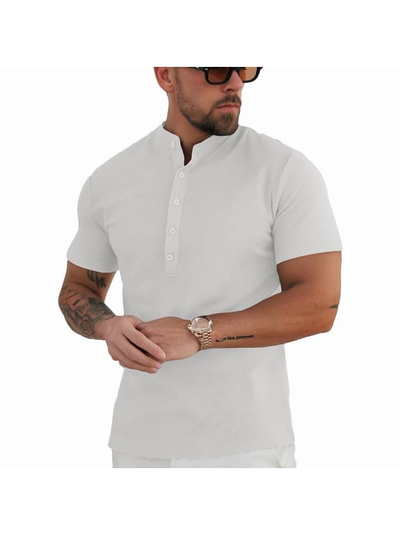 Men's Waffle Henley Shirts Short Sleeve T-Shirt Stylish Casual 5 Button Placket Slim Fit Tee Thermal Pullover White/M