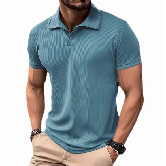 Ambiloof Men's slim fit muscle polo shirt short sleeve stretch quick dry T-shirt casual golf sports T-shirt Blue/M