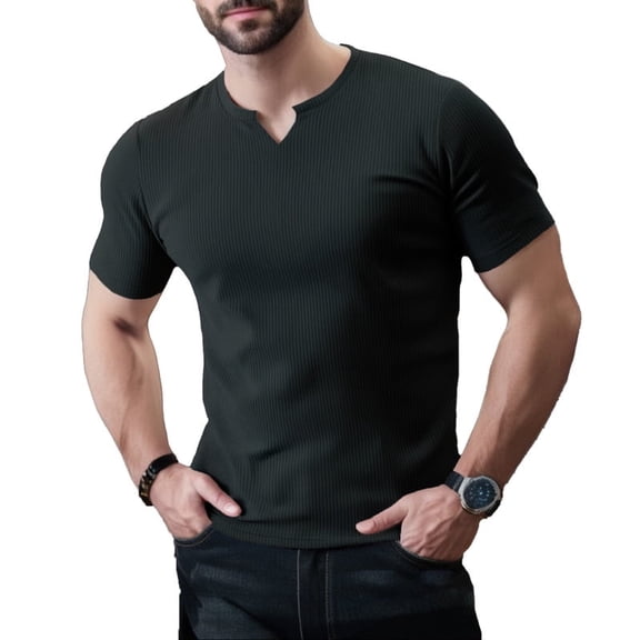 Ambiloof Men's slim fit muscle skinny V-neck casual t-shirt short sleeve muscle henley t-shirt fashionable business topsBlack/XL