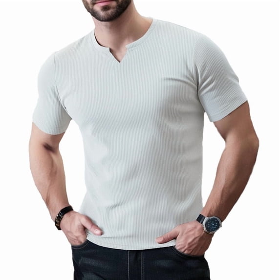 Ambiloof Men's slim fit muscle skinny V-neck casual t-shirt short sleeve muscle henley t-shirt fashionable business topsWhite/XL