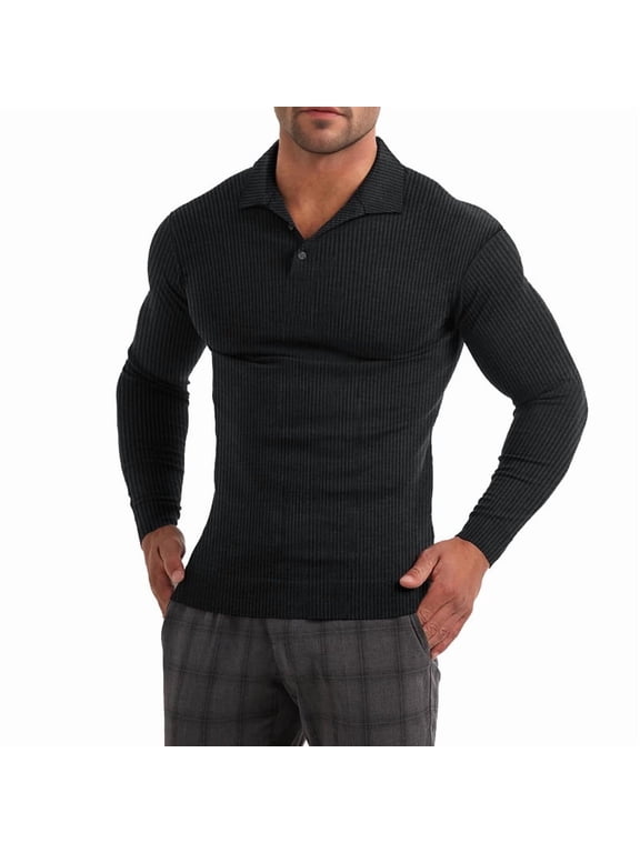 Mens Knit Polo Shirts Long Sleeve Shirt Casual Lightweight Fashion Textured Collared Pullover Golf Athletic T-Shirts Black/M