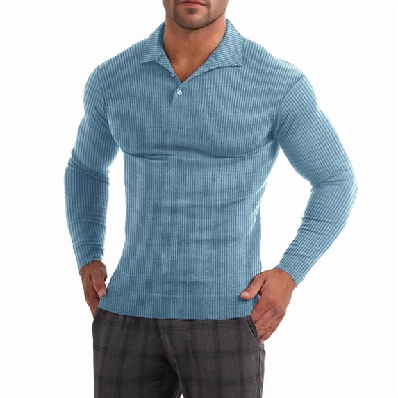 Ambiloof Mens Knit Polo Shirts Long Sleeve Shirt Casual Lightweight Fashion Textured Collared Pullover Golf Athletic T-Shirts Blue/2XL