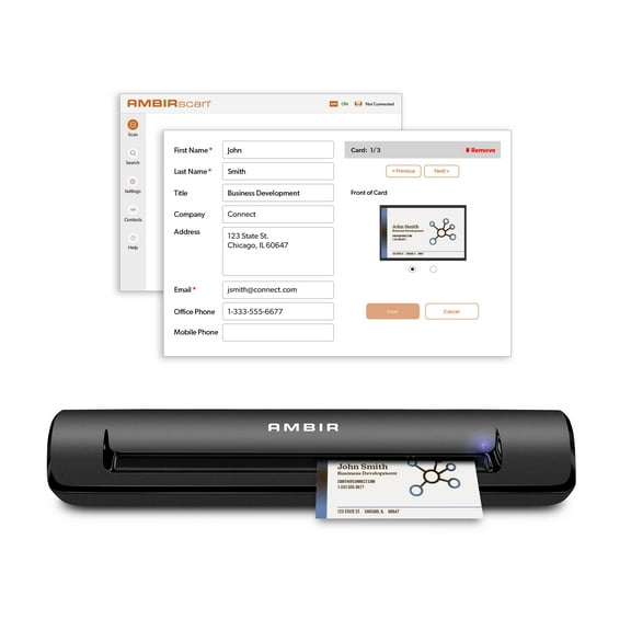 Ambir TravelScan Pro 600-BCS Simplex Document Scanner with AmbirScan Business Card for Windows PC