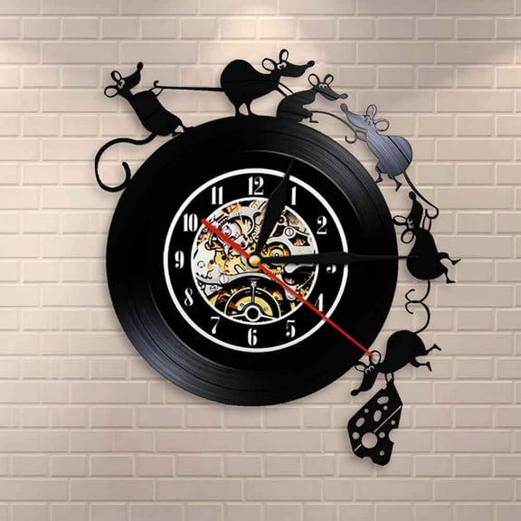 Amblelife Adorable Mouse and Cheese Game Wall Art Wall Clock Vinyl Record Wall Clock Mouse Rat Gift Children Room Decorative Clock Watch