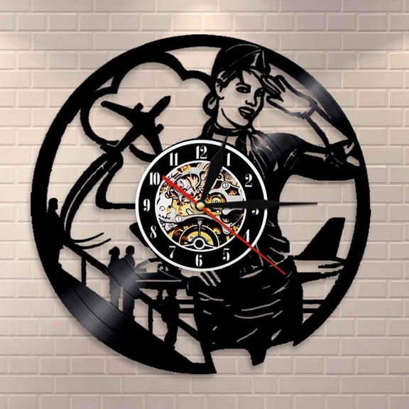 Amblelife Airlines Stewardess Professional Wall Clock Vintage Airline Pilot Sign Home Decor Flight Attendent Lady Vinyl Record Wall Clock