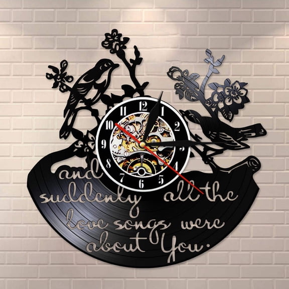 Amblelife And Suddenly All The Love Songs Were All About You Inspirational Quote Vinyl Record Wall Clock Valentine Birds Retro Wall Watch
