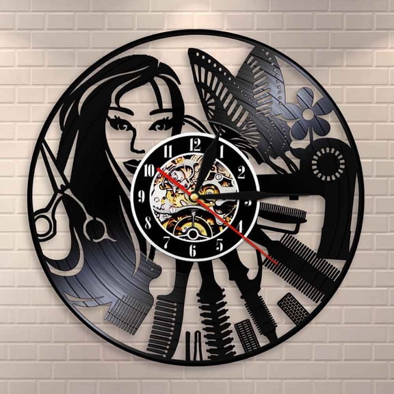 Amblelife Barber Shop Sign Silent Haircutting Wall Clock Hairdressing Beauty Salon Design Vinyl Record Clock Watch Barber Shop Wall Decor