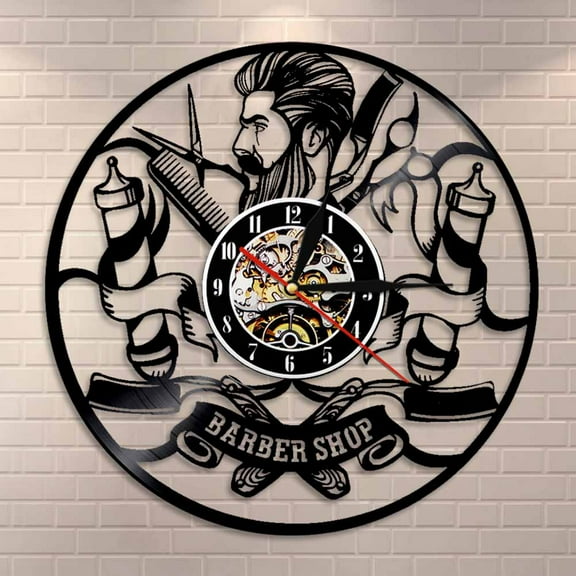 Amblelife Barber Shop Wall Clock Barber Logo Wall Art Vinyl Record Clock Salon Shop Haircut Hairdresser Gift Decorative Modern Wall Clock
