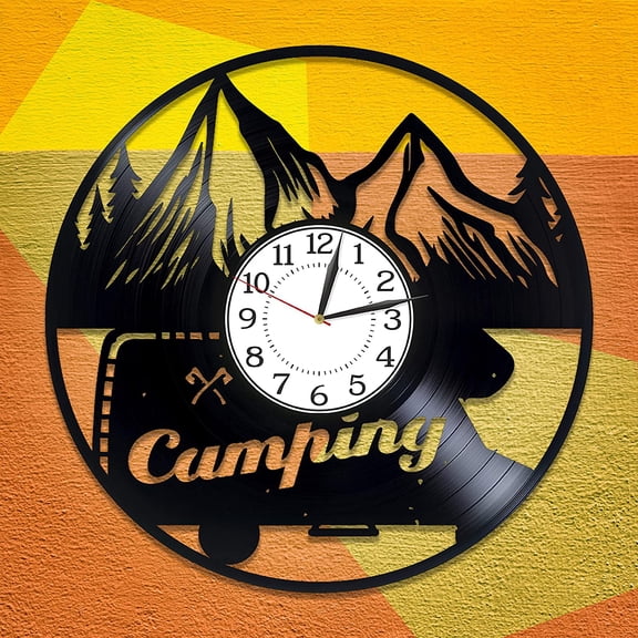 Amblelife Camping Vinyl Clock for Woman Hobby Original Home Decor Hiking Vinyl Record Wall Clock Tent Handmade Products Camping Birthday Gift Idea for Boy