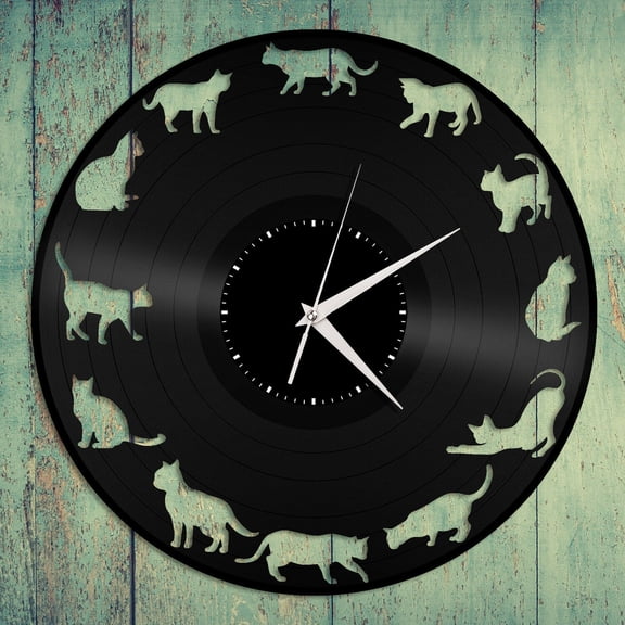 Amblelife Cat Kittens Silhouette Vinyl Wall Clock Gift for Animal Lovers Room Decoration Vintage Design Office Bar Room Home Decor