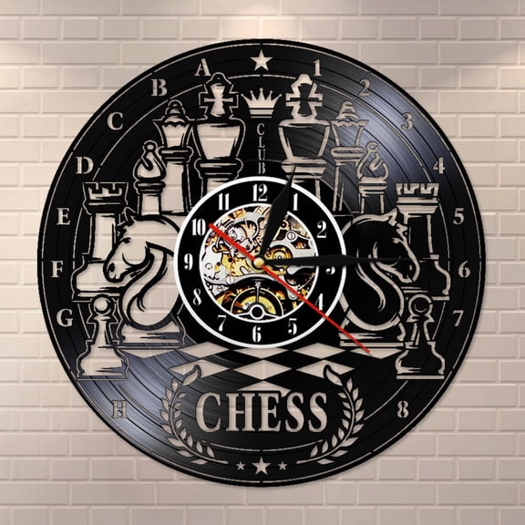 Amblelife Chess Board Vinyl Record LP Wall Clock Chess Wall Art Home Decor Chessboard and Pieces Silent Non ticking Wall Watch Chess Gift