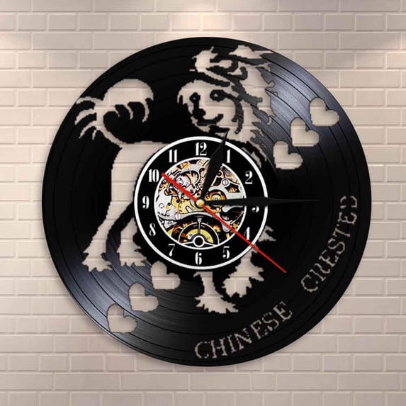 Amblelife Chinese Crested Dog Modern Design Wall Clock Pet Shop Grooming Puppy Artwork Dogs Breed Vinyl Record Wall Clock Dog Lover Gift