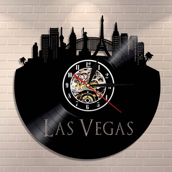 Amblelife City Of Gambling Las Vegas Skyline Wall Clock Las Vegas Cityscape Home Decor Nevada Architecture Vintage Vinyl Record Wall Clock