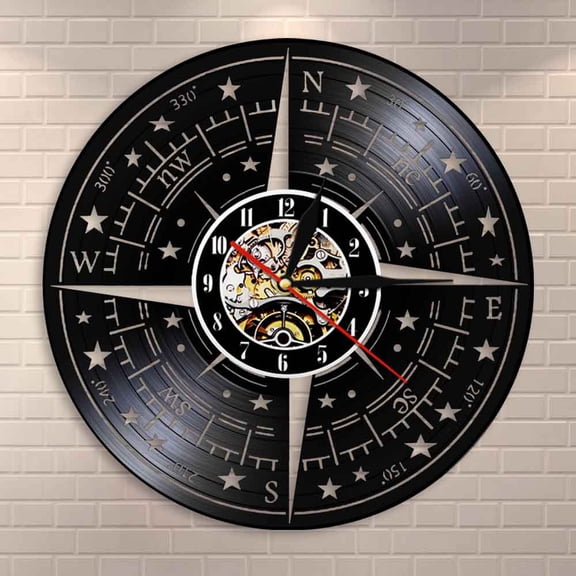 Amblelife Compass Rose Wall Decor Modern Design Wall Clock Nautical Vinyl Record Wall Clock Navigation Direction Mariners Sailors Gift