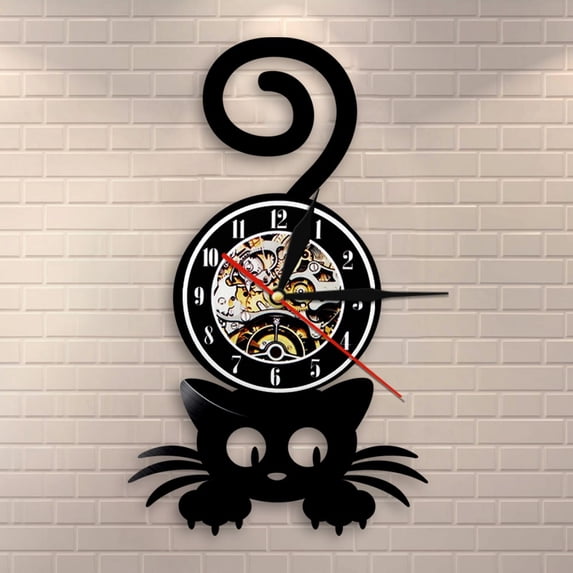 Amblelife Crazy Cat Lady Wall Art Silhouette Kitten Cat with Funny Tail Home Decor Wall Clock Black Kitty Vinyl Record Clock Cat Pet Lover