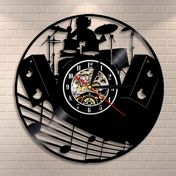 Amblelife Drum Kit Vinyl Record Wall Clock Music Band Drums Musical Instruments Rock Drummer Wall Clock Unique Gift For Rock Music Lover