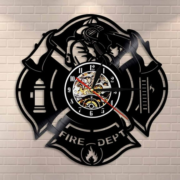 Amblelife Fire Department Logo Wall Sign Fire Station Wall Clock Firefighter Vinyl Record Clock Firemen Axe Home Decor Vintage Clock Gift
