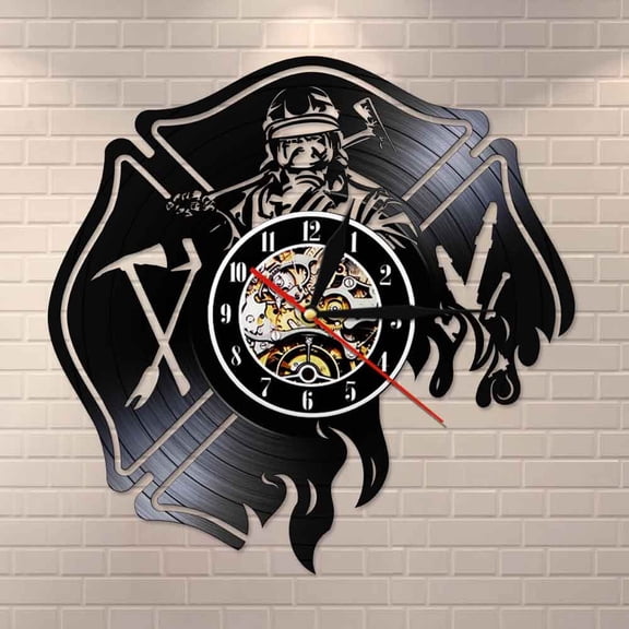 Amblelife Firefighter Silent Quartz Wall Watch Vintage Vinyl Record Wall Clock Fireman's Prayer Gift Fire Department Office Wall Decor
