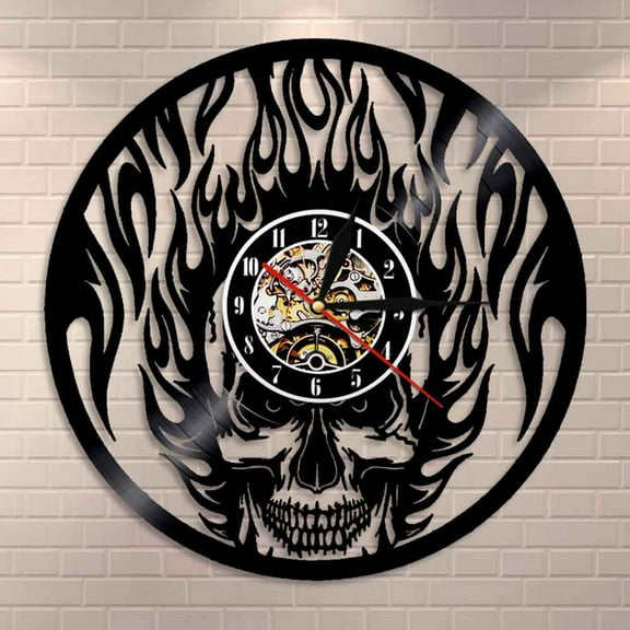 Amblelife Flaming Skull Wall Clock Skull Head On Fire Wall Art Vinyl Record Wall Clock Fire Burning Skeleton Halloween Decorative Clock