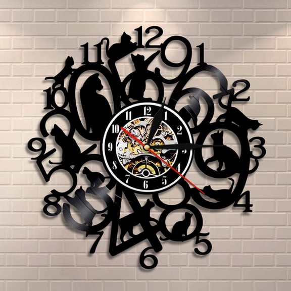 Amblelife Funny Kitty Wall Clock Black Kitten Cats Clock Animal Nursery Decor Vinyl Record Art Clock Women Animals Lovers Gift Ideas