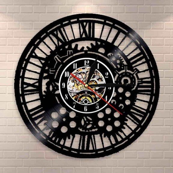 Amblelife Gears Wall Clock Steampunk Charms Wall Decor Vinyl Record Wall Clock Cogwheels Decorative Clock Watch Modern Design Home Decor