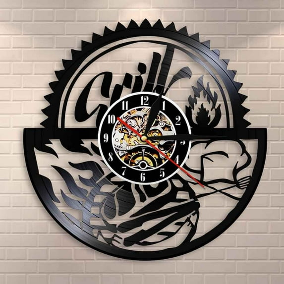 Amblelife Gril Barbecue Wall Art Wall Clock Family Reunion BBQ Party Wall Decor Vintage Vinyl Record Wall Clock Foodie Housewarming Gift