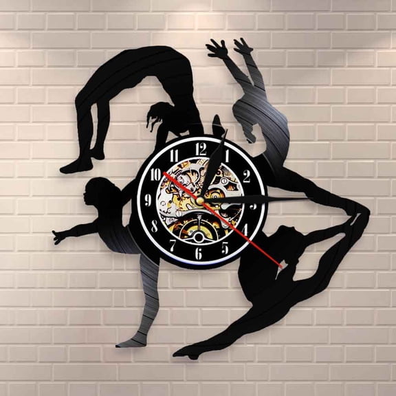 Amblelife Gymnastics Girls Silhouettes Wall Clock Sports Girl Tumbling Vinyl Record Clock Gymnast Wall Art Dancing Room Wall Decor