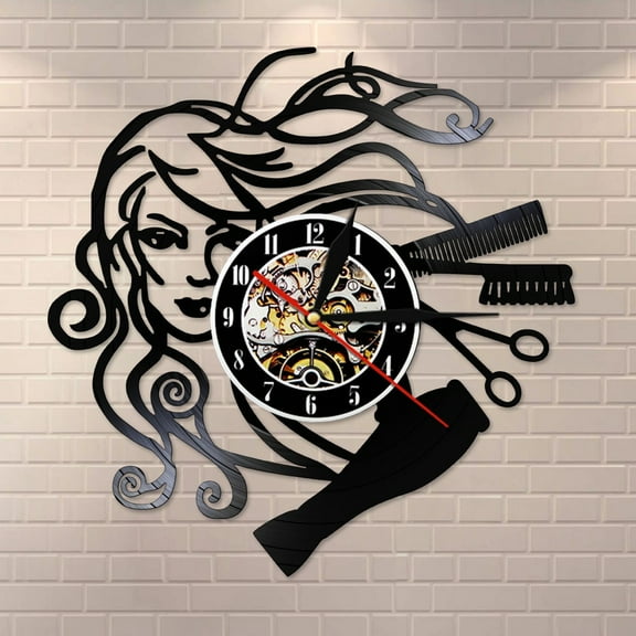 Amblelife Hairstyle Beauty Salon Vinyl Record Wall Clock Hair Stylist Salon Barber Shop Retro Black Wall Clock Hairdresser Gifts for Woman