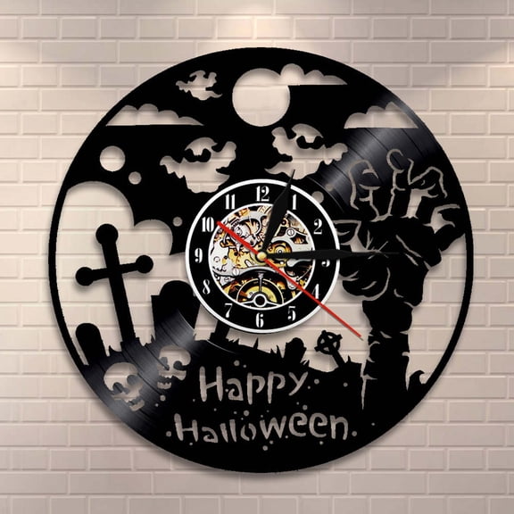 Amblelife Happy Halloween Decorative Black Wall Clock Horror Decoration Zombie Hand Vintage Vinyl Record Wall Art Silent Quartz Wall Watch