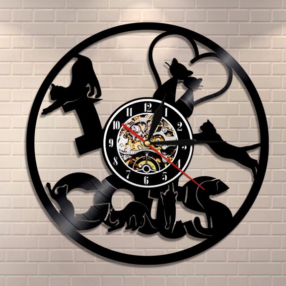 Amblelife I Love Cats Vinyl Record Wall Clock Funny Cats Modern Wall Clock Kitten Silhouette Wall Art Decorative Clock Cat Owner Gift