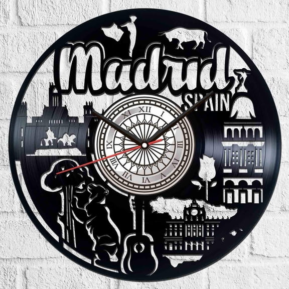 Amblelife Madrid Spain Vinyl Record Wall Clock Retro style Wall clock Silent Home Decor Unique Art Special Home Accessories Creative Personality Gift