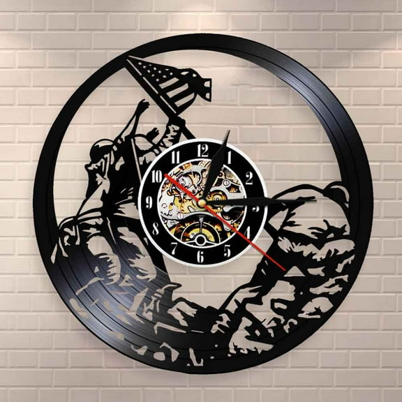 Amblelife Marines Raising the Flag on Iwo Jima WWll Wall Art Wall Clock WW2 United States Flag Contemporary Vinyl Record Soldiers Clock