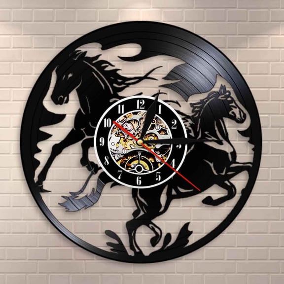 Amblelife Nature Black Running Horses Equine Wall Art Wild Horses Clock Vintage Vinyl Record Wall Clock Horse Lover Home Decor Accessories