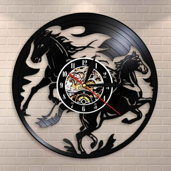 Amblelife Nature Black Running Horses Equine Wall Art Wild Horses Clock Vintage Vinyl Record Wall Clock Horse Lover Home Decor Accessories