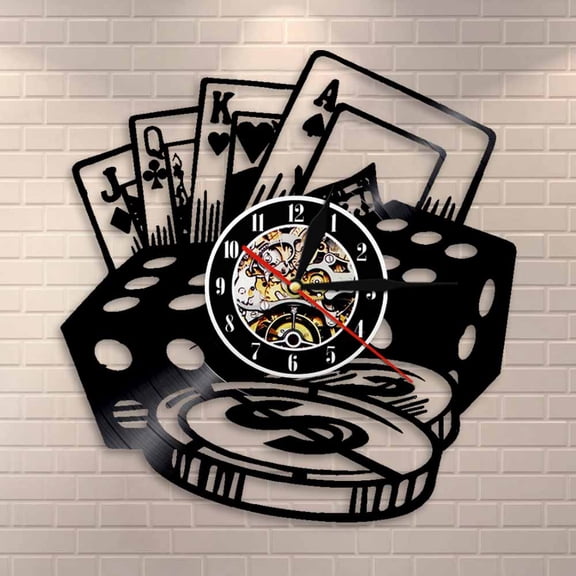 Amblelife Poker Dice Wall Art Poker Chip Set Wall Clock Poker Room Wall Decor Clock Vinyl Record Wall Clock Poker Player Gambler Gift