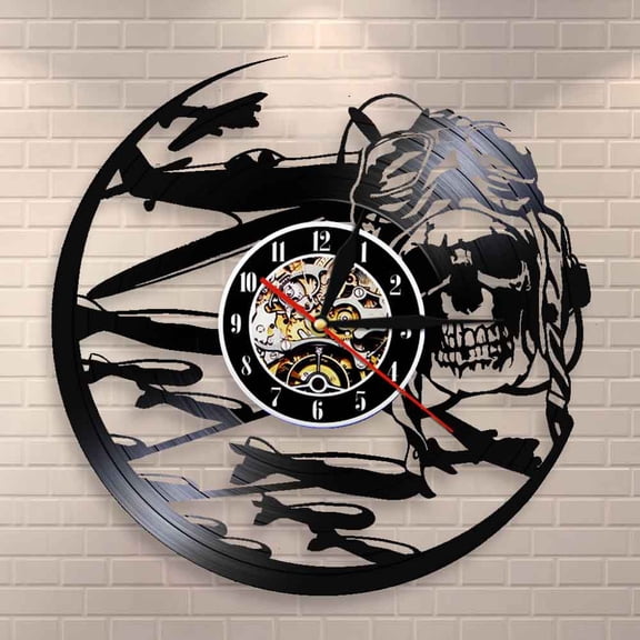 Amblelife Retro Pilot Skull Wall Clock Aviator Skeleton Vinyl Record Wall Clock Airplane Flying Jet Helmet Hipster Goggles Skull Wall Deco